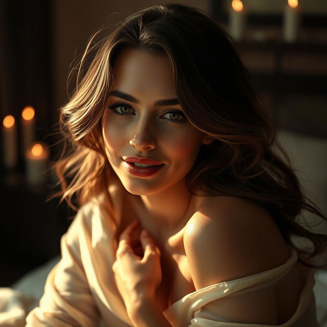 A sensual scene featuring a beautifully alluring woman with a look of pleasure on her face, in an intimate and romantic setting