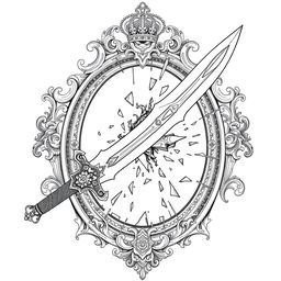 An outline drawing illustrating a dagger striking and breaking a royal fantasy-style mirror