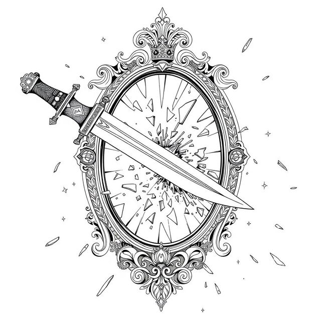 An outline drawing illustrating a dagger striking and breaking a royal fantasy-style mirror