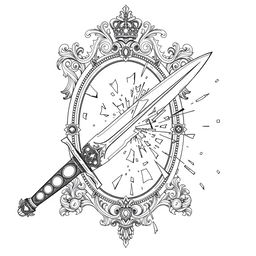 An outline drawing illustrating a dagger striking and breaking a royal fantasy-style mirror