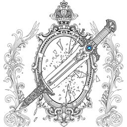 An outline drawing illustrating a dagger striking and breaking a royal fantasy-style mirror