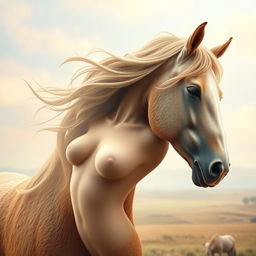 A surreal image depicting a horse's head seamlessly transformed into a woman's torso