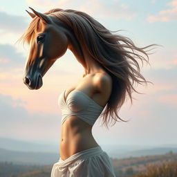 A surreal image depicting a horse's head seamlessly transformed into a woman's torso