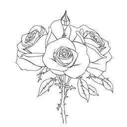 An elegant outline drawing of roses surrounded by thorns, capturing the beauty and contrast of the delicate flowers and the sharp, intricate thorns