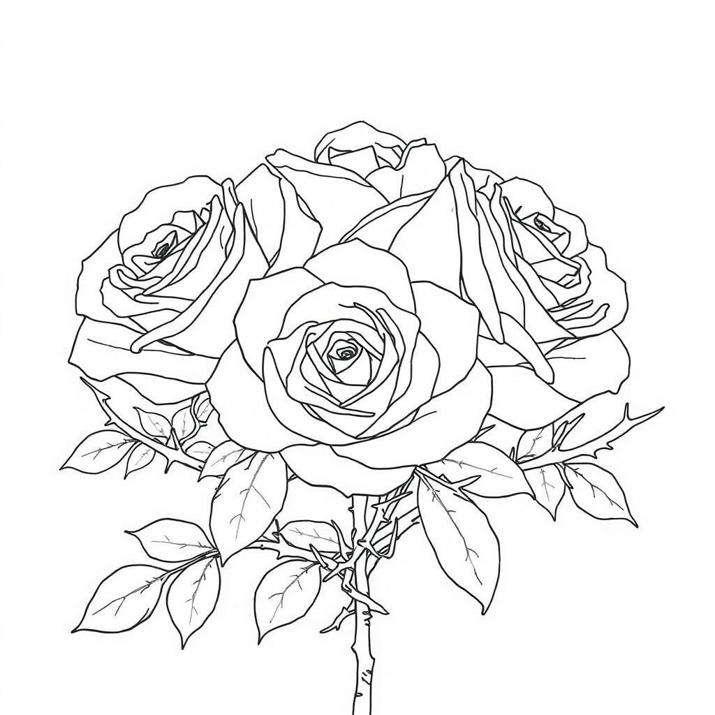 An elegant outline drawing of roses surrounded by thorns, capturing the beauty and contrast of the delicate flowers and the sharp, intricate thorns