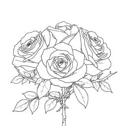 An elegant outline drawing of roses surrounded by thorns, capturing the beauty and contrast of the delicate flowers and the sharp, intricate thorns