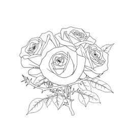 An elegant outline drawing of roses surrounded by thorns, capturing the beauty and contrast of the delicate flowers and the sharp, intricate thorns