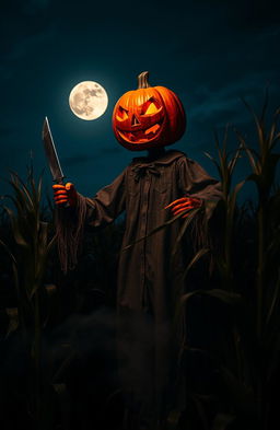 A spooky scarecrow with a pumpkin head, holding a gleaming knife, standing ominously in a dark cornfield under a moonlit sky