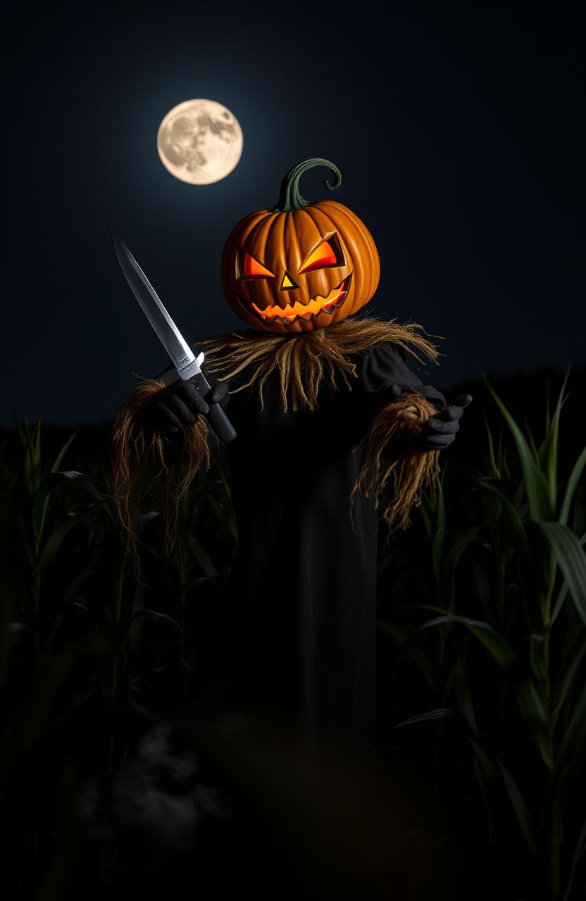 A spooky scarecrow with a pumpkin head, holding a gleaming knife, standing ominously in a dark cornfield under a moonlit sky