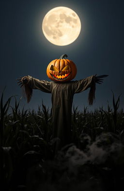 A spooky scarecrow with a pumpkin head, holding a gleaming knife, standing ominously in a dark cornfield under a moonlit sky