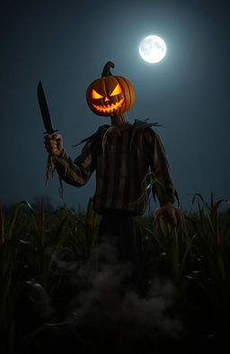 A spooky scarecrow with a pumpkin head, holding a gleaming knife, standing ominously in a dark cornfield under a moonlit sky