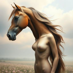 A surreal image depicting a horse's head transformed into a woman's torso, specifically showcasing the opposite side of the horse's head
