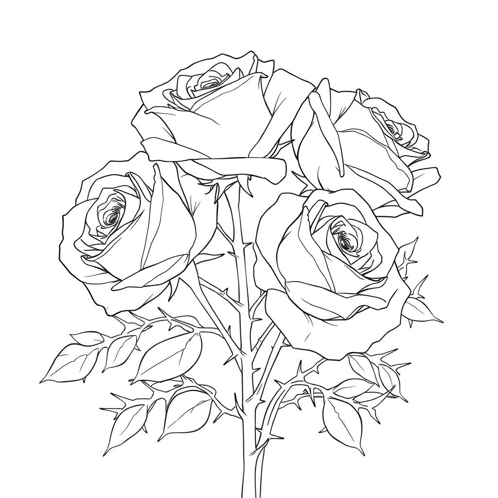 An elegant outline drawing featuring roses surrounded by large, prominent thorns