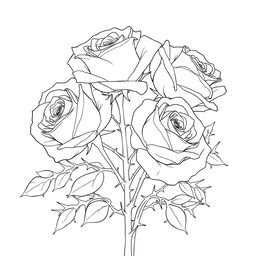 An elegant outline drawing featuring roses surrounded by large, prominent thorns