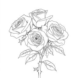 An elegant outline drawing featuring roses surrounded by large, prominent thorns