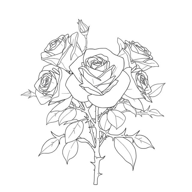 An elegant outline drawing featuring roses surrounded by large, prominent thorns