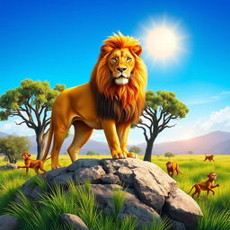 A vibrant and lively scene depicting a majestic animal in its natural habitat, a magnificent lion standing proudly on a rocky outcrop, golden mane flowing in the gentle breeze, surrounded by lush green grass and acacia trees under a clear blue sky