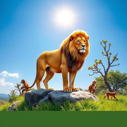 A vibrant and lively scene depicting a majestic animal in its natural habitat, a magnificent lion standing proudly on a rocky outcrop, golden mane flowing in the gentle breeze, surrounded by lush green grass and acacia trees under a clear blue sky
