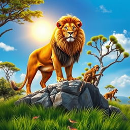 A vibrant and lively scene depicting a majestic animal in its natural habitat, a magnificent lion standing proudly on a rocky outcrop, golden mane flowing in the gentle breeze, surrounded by lush green grass and acacia trees under a clear blue sky