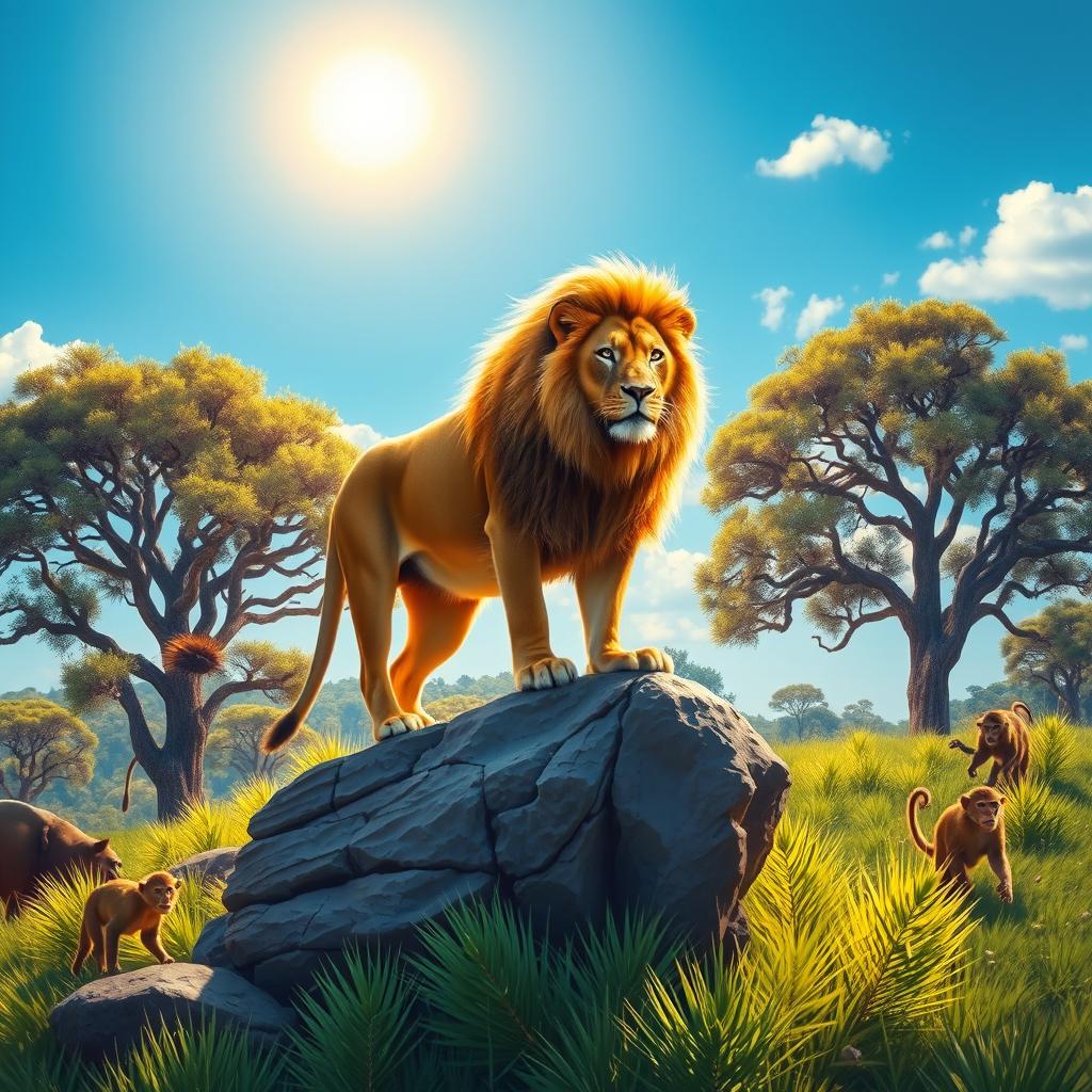 A vibrant and lively scene depicting a majestic animal in its natural habitat, a magnificent lion standing proudly on a rocky outcrop, golden mane flowing in the gentle breeze, surrounded by lush green grass and acacia trees under a clear blue sky