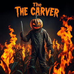 A terrifying scarecrow dressed in tattered overalls, featuring a scary pumpkin head, stands in a cornfield that is ablaze with flames, casting a sinister glow across the scene