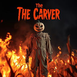 A terrifying scarecrow dressed in tattered overalls, featuring a scary pumpkin head, stands in a cornfield that is ablaze with flames, casting a sinister glow across the scene