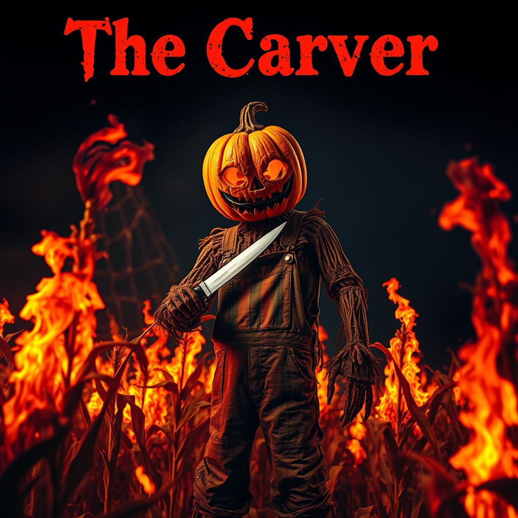 A terrifying scarecrow dressed in tattered overalls, featuring a scary pumpkin head, stands in a cornfield that is ablaze with flames, casting a sinister glow across the scene