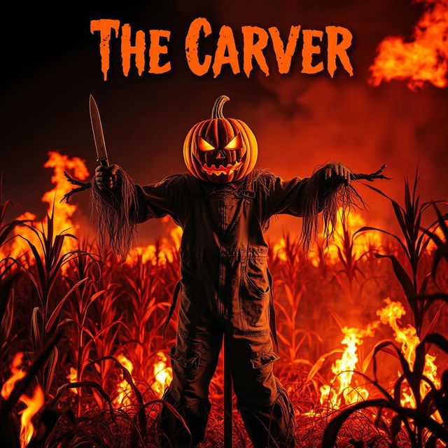 A terrifying scarecrow dressed in tattered overalls, featuring a scary pumpkin head, stands in a cornfield that is ablaze with flames, casting a sinister glow across the scene