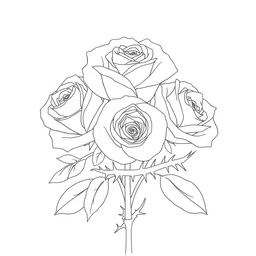 An outline drawing featuring roses beautifully surrounded by large, prominent thorns