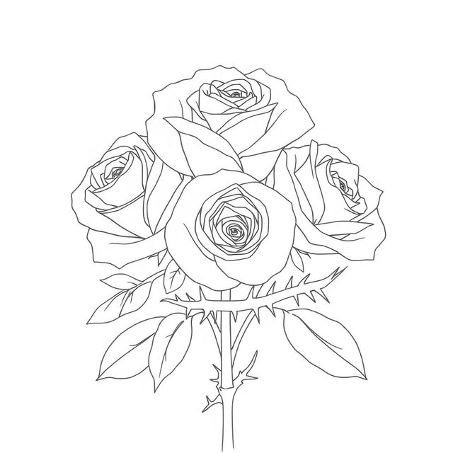 An outline drawing featuring roses beautifully surrounded by large, prominent thorns