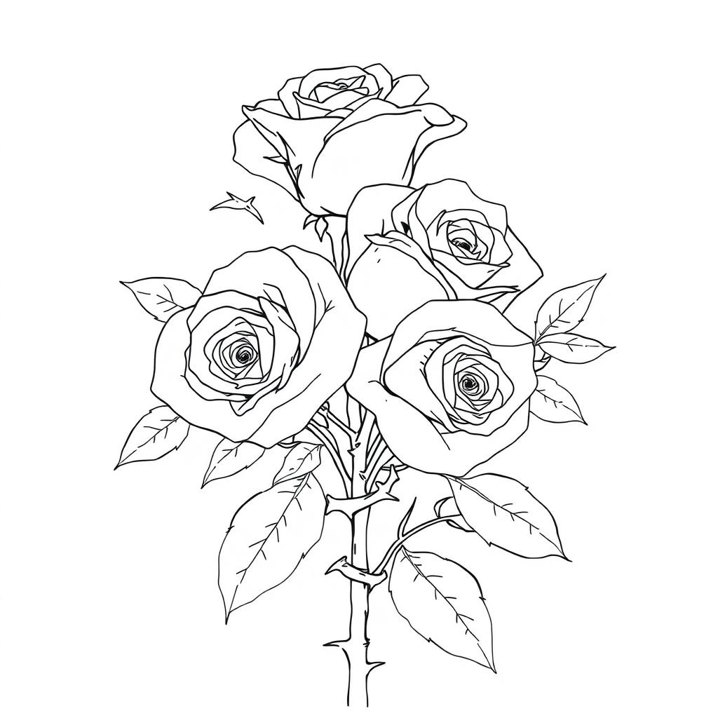 An outline drawing featuring roses beautifully surrounded by large, prominent thorns