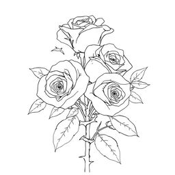 An outline drawing featuring roses beautifully surrounded by large, prominent thorns