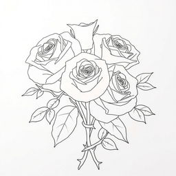 An outline drawing featuring roses beautifully surrounded by large, prominent thorns