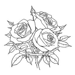 An outline drawing featuring roses beautifully surrounded by large, prominent thorns
