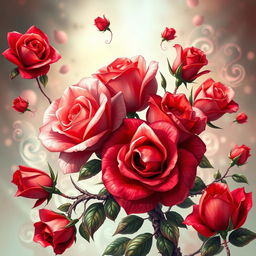 An enchanting fantasy-style illustration featuring exquisite roses, in vibrant shades of red and pink, surrounded by large, intricate thorns