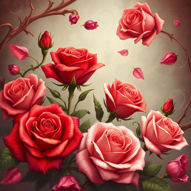 An enchanting fantasy-style illustration featuring exquisite roses, in vibrant shades of red and pink, surrounded by large, intricate thorns