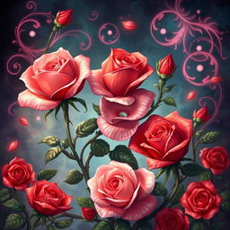 An enchanting fantasy-style illustration featuring exquisite roses, in vibrant shades of red and pink, surrounded by large, intricate thorns