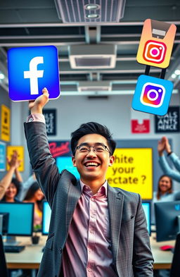 A motivational scene depicting a person joyously celebrating success in digital marketing, prominently featuring vibrant Meta Ads symbols such as the Facebook logo and Instagram logo