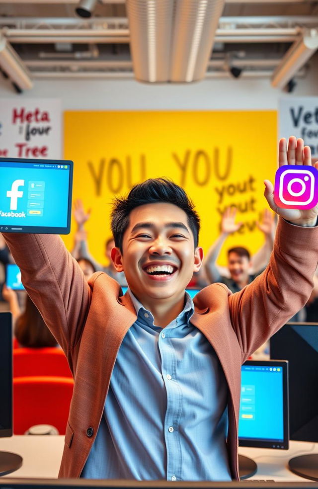 A motivational scene depicting a person joyously celebrating success in digital marketing, prominently featuring vibrant Meta Ads symbols such as the Facebook logo and Instagram logo