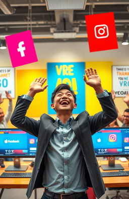 A motivational scene depicting a person joyously celebrating success in digital marketing, prominently featuring vibrant Meta Ads symbols such as the Facebook logo and Instagram logo