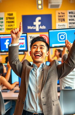 A motivational scene depicting a person joyously celebrating success in digital marketing, prominently featuring vibrant Meta Ads symbols such as the Facebook logo and Instagram logo