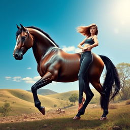 A surreal and imaginative creature that elegantly combines the lower body of a majestic horse with the upper body of a confident woman, standing in a picturesque landscape
