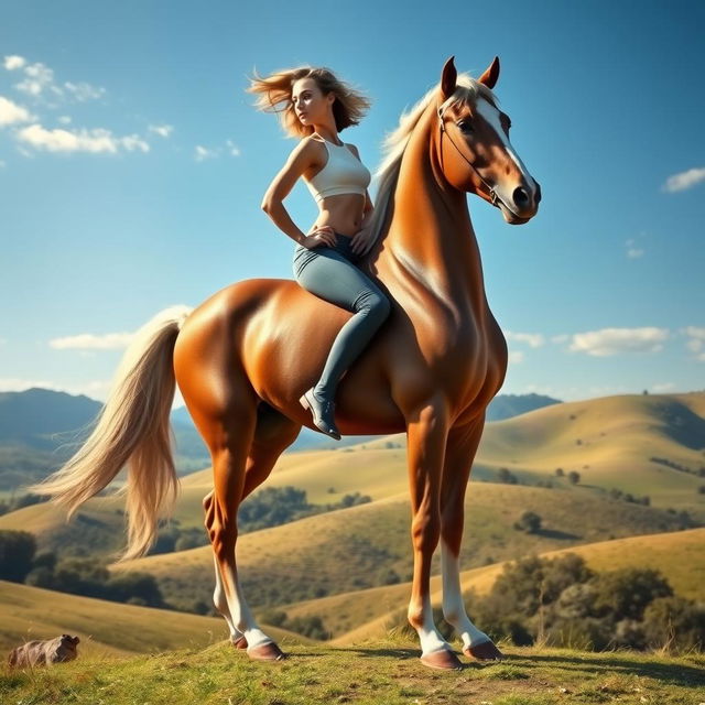 A surreal and imaginative creature that elegantly combines the lower body of a majestic horse with the upper body of a confident woman, standing in a picturesque landscape