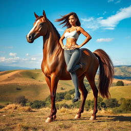 A surreal and imaginative creature that elegantly combines the lower body of a majestic horse with the upper body of a confident woman, standing in a picturesque landscape
