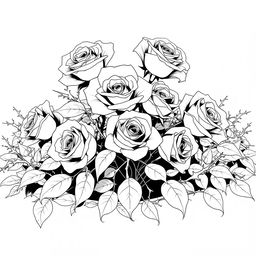 A captivating outline drawing of a cluster of roses surrounded by massive thorn bushes