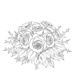 A captivating outline drawing of a cluster of roses surrounded by massive thorn bushes
