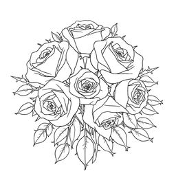 An artistic outline drawing depicting a beautiful arrangement of roses intertwined with large thorn bushes