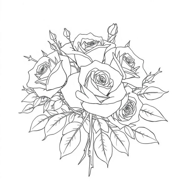 An artistic outline drawing depicting a beautiful arrangement of roses intertwined with large thorn bushes