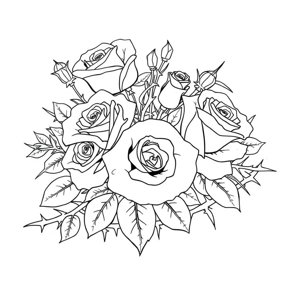 An artistic outline drawing depicting a beautiful arrangement of roses intertwined with large thorn bushes