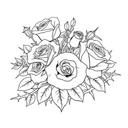 An artistic outline drawing depicting a beautiful arrangement of roses intertwined with large thorn bushes